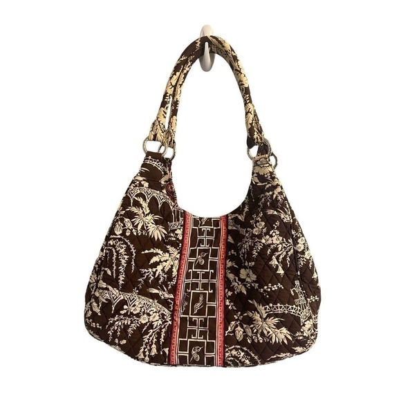 Vera Bradley Imperial Toile Large Hobo Shoulder Bag Brown White Pink Birds - Picture 2 of 16